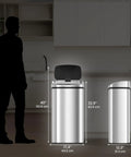 Extra Large 91L Hands Free Touchless Sensor Trash Can With AbsorbX Odor Filter, shown in a kitchen setting with dimensions