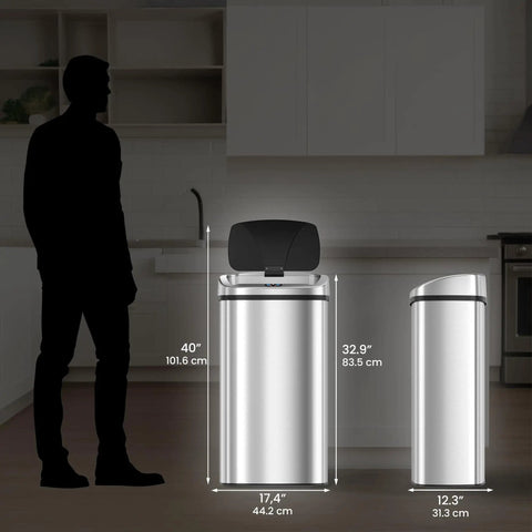 Extra Large 91L Hands Free Touchless Sensor Trash Can With AbsorbX Odor Filter, shown in a kitchen setting with dimensions