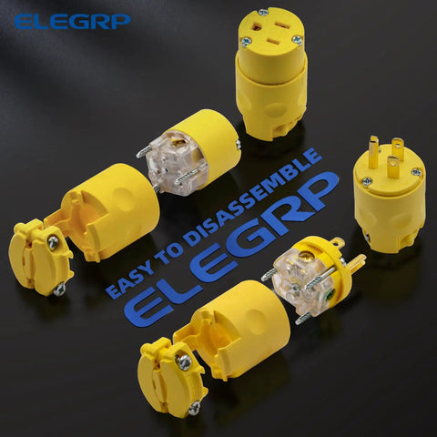 Electrical Plug And Receptacle Set 15 Amp 125 Volt NEMA 5 15P 5 15R Grounding 2 Pole 3 Wire Commercial Grade Yellow, disassembled view