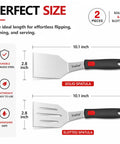 Two Piece Stainless Steel Spatula Set With Thick 1.2mm Metal Turners And Silicone Handles, Pro Grade Size Display