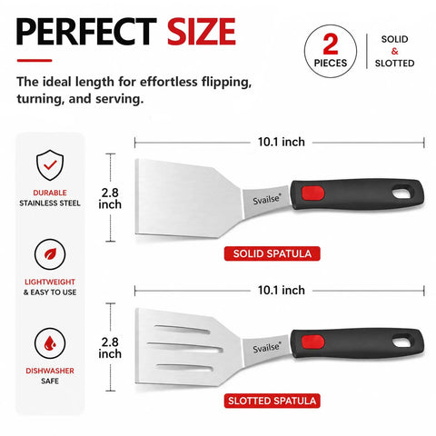 Two Piece Stainless Steel Spatula Set With Thick 1.2mm Metal Turners And Silicone Handles, Pro Grade Size Display