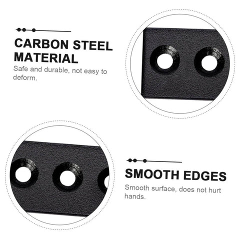 Close-up of carbon steel 4-hole brace connector from Barn Door Track Stopper And Flat Mending Plate Kit, showing material and smooth edges.
