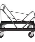 National Public Seating 8500 Series Commercial Chair Dolly Cart for Storing Up to Forty Stackable Dining Chairs in Heavy Duty Black Steel with Angle Design, side view showing sturdy wheels.