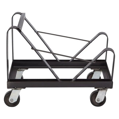 National Public Seating 8500 Series Commercial Chair Dolly Cart for Storing Up to Forty Stackable Dining Chairs in Heavy Duty Black Steel with Angle Design, side view showing sturdy wheels.