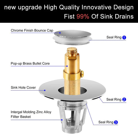 Exploded view of stainless steel bathroom sink stopper with hair catcher and drain strainer for bathtub and sink pop up drain stopper anti clog filter keeps hair out and drains free fits most standard drains for no fuss installation