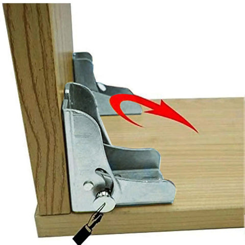Heavy Duty Galvanized Steel Self Locking Hinge Brackets For Folding Desks And Couches Rock Solid Right Angle connector on wood.