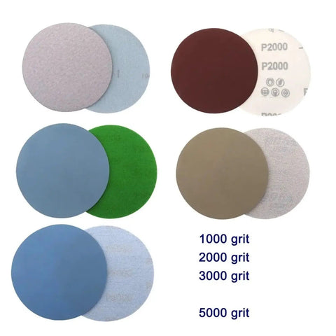 Various 125mm Hook Loop Sanding Discs 100Pcs 5 Inch showing grit range 1000-5000, designed for smooth polishing and surface finish.