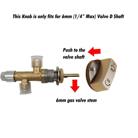 Metal Handle Knob With 6mm Stem For Outdoor Propane Gas Fire Pit Valves, Brushed Nickel Finish, shown next to valve shaft