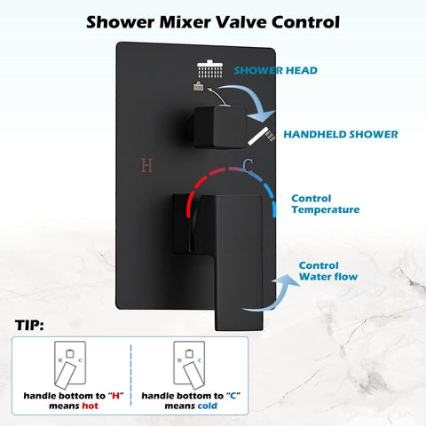 Black Square Shower System With 10 Inch Rainfall Shower Head, Dual Function Wall Mount Mixer Diagram