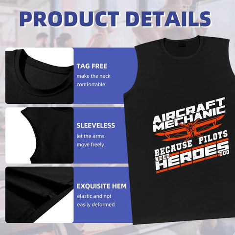 Mens Aircraft Mechanic Hero Tank Top Packed With Streetwise Summer Undershirt Vibes And Sleeveless Muscle Cut Designed For Real Gym Grind Or Casual Outdoors Made From Solid Cotton That Truly Hits The Spot, showcasing tag-free crew neck, sleeveless design, and exquisite hem.