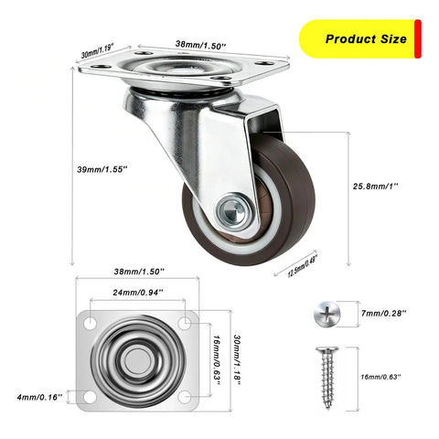 Set Of 4 1 Inch Swivel Caster Wheels For Lightweight Furniture Under 100 Lb, detailed dimension diagram with screws