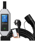 Portable 3600W EV Charger With Slick App Control Type 1 And Type 2 EVSE Cable with display screen and electric plug.