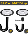 Freestanding Tub Drain Rough In Kit With 12 Inch Flange Base showing adapter and pipe sizes for 2" or 1-1/2" P-trap use