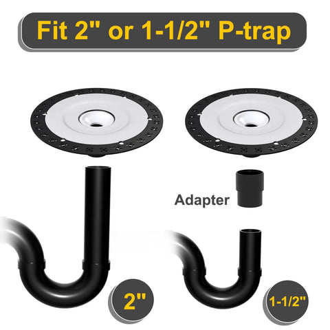 Freestanding Tub Drain Rough In Kit With 12 Inch Flange Base showing adapter and pipe sizes for 2" or 1-1/2" P-trap use