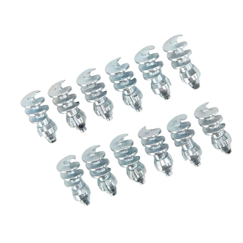 50 Piece Screw In Tire Studs Tough Tungsten Steel Snow Spikes arranged in a row, showcasing heavy-duty winter traction screws.