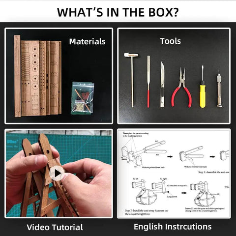 Mini Counterweight Trebuchet Model Kit for Adults, 3D Wooden Puzzle Siege Engine, DIY STEM Project, Tabletop Toy, Alder Veneer Plywood Build, Ages 14 Plus, Totally Fun Historical Replica. Box contents: materials, tools, video tutorial, English instructions.