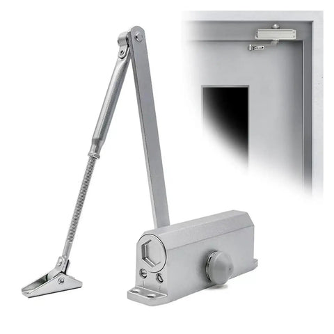 Quiet Close Door Closer With Spring Buffer installed on an indoor door, durable metal body for home and office use.