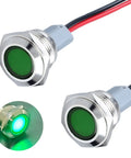 Two Pack 16mm Five Eighth Inch LED Indicator Light 110 to 220 VAC 20 mA Energy Saving Metal Waterproof IP67 Flat Head Pilot Lamp With 20 cm Wire For Car Truck Boat Green LED Industrial Grade, green-lit pair