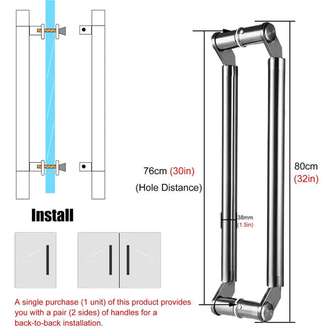 Glass Hall Door Handle Set With Push Pull Operation, stainless steel, 80cm silver finish, modern round design, installation guide