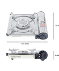 Rugged Portable Camping Stove With Butane Burner Auto Safety Shutoff Stainless Steel Design High Heat Output, dimensions shown