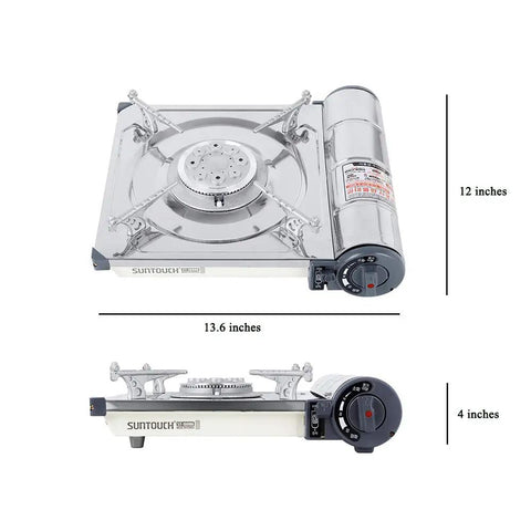 Rugged Portable Camping Stove With Butane Burner Auto Safety Shutoff Stainless Steel Design High Heat Output, dimensions shown