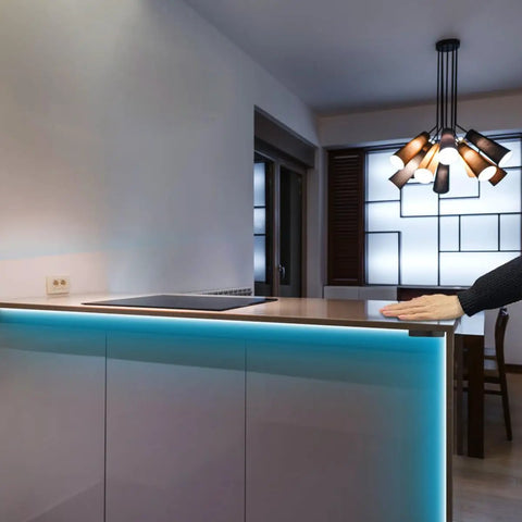 Wood Panel Penetrating Touch Sensor LED Dimmer Switch with Hand Sweep Control in modern kitchen lighting setup.