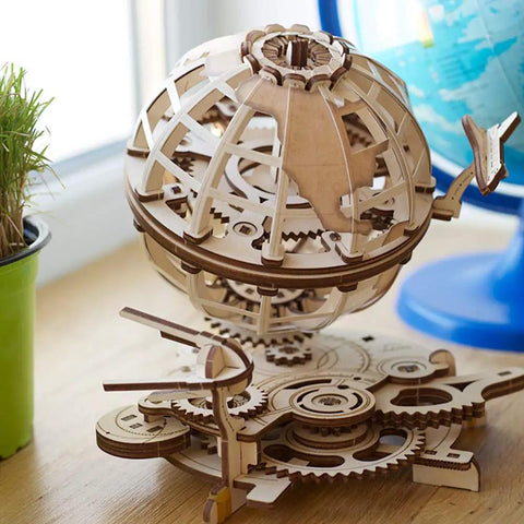 Three Dimensional Wooden Globe Puzzle Kit For Adults, Mechanical World Model, Brain Teaser And Educational Globe Build Set, DIY Wooden Globe Craft Hobby For Adults To Build And Show Off, assembled wooden globe on gears