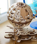 Globus Mechanical Globe Model Kit 3D Puzzle With Laser Cut Wood Pieces No Glue Or Tools Needed Self Contained Gearing Rotating World Globe Build For Adults And Hobbyists Educational Hands On World Globe Puzzle Set, wooden gear globe on stand
