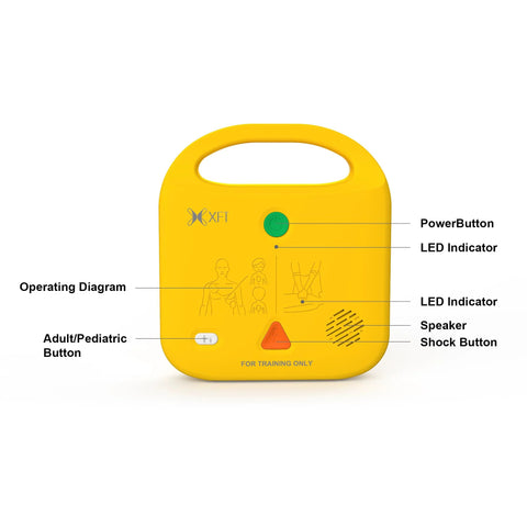 Yellow XFT AED trainer device front view with power button, LEDs, speaker, and CPR controls.