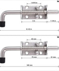 Two Pack Heavy Duty 304 Stainless Steel Spring Latch Lock 6.5 Inch dimensions shown in inches and millimeters for easy installation.