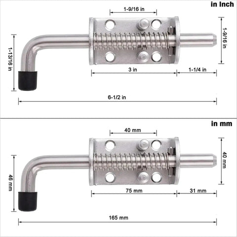 Two Pack Heavy Duty 304 Stainless Steel Spring Latch Lock 6.5 Inch dimensions shown in inches and millimeters for easy installation.