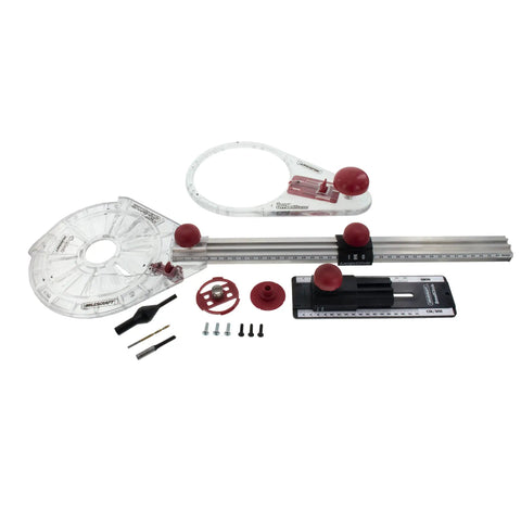 No Fuss Setup Circle Guide Kit And Drill Block Bundle For Exact Router Cutouts showing circle cutting jig and drill guide accessories.