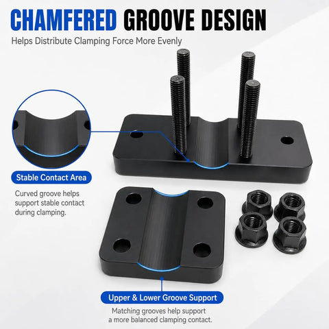 Chamfered groove design showing stable contact area and grooved support for Heavy Duty Aluminum Barrel Vise With Slick Grip Leather Pads.