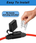 Built Tough 2 Pack 6 Awg Maxi Fuse Holder With Two 80 Amp Fuses For Car Truck Boat Rig Heavy Duty Circuit Defense Against Surges And Shorts Plug And Play Rock Solid Auto Electric Setup shows easy installation with fuse holder and red cable.