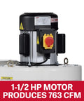 Close-up of Go To Cyclone Dust Collector with 2 Micron Filter motor, showing 1.5 HP 115V one phase motor, text reads 1-1/2 HP motor produces 763 CFM.