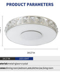 14 Inch Modern Ceiling Light Flush Mount With Crystal K9 Glass LED Dimmable Chandelier showing dimensions and materials