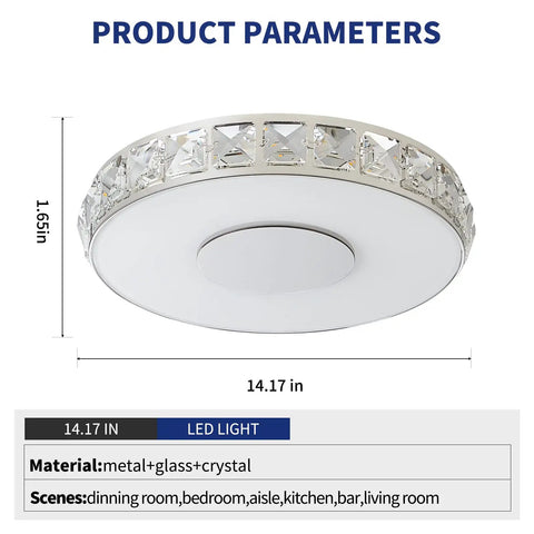14 Inch Modern Ceiling Light Flush Mount With Crystal K9 Glass LED Dimmable Chandelier showing dimensions and materials
