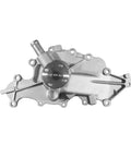 Heavy Duty Engine Water Pump For GM Vehicles Featuring Heat Treated Shaft, silver aluminum body, suitable for cooling system replacement.