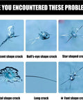 Image of six common windshield glass crack types for Glass Fix Kit for Windshield and Glass Repair, DIY Crack and Chip Repair Fluid.
