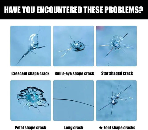 Image of six common windshield glass crack types for Glass Fix Kit for Windshield and Glass Repair, DIY Crack and Chip Repair Fluid.