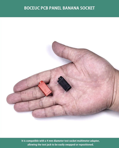 4mm Banana Jack Female Test Socket For PCB, Horizontal Straight Mount, Red and Black Banana Connector in hand