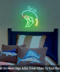 Neon Fishing Sign With Green Fish And Ice Blue Lemon Rods USB Powered Acrylic Wall Art in bedroom setting
