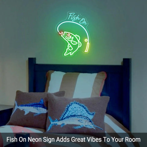Neon Fishing Sign With Green Fish And Ice Blue Lemon Rods USB Powered Acrylic Wall Art in bedroom setting
