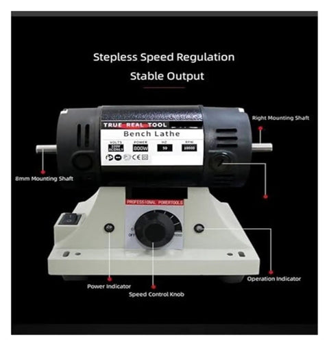 Heavy Duty 800W Bench Grinder Stone Polishing Machine With Flexible Shaft Handle Badass Copper Motor, front view with speed control knob.
