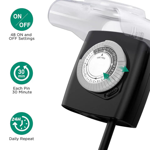 Close-up of the Heavy Duty Mechanical 24 Hour Outdoor Timer Outlet with dial showing 48 ON/OFF settings and 30-minute intervals.