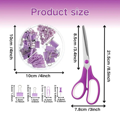 Purple 18 Piece Desk Essentials Set With 10 Pens Scissors Stapler And Staples Tape Dispenser Pen Holder 2 Sticky Notepads