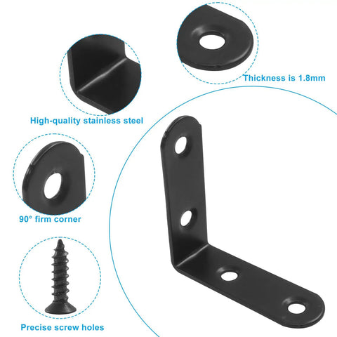 Heavy Duty 10 Pack L Brackets For Furniture Assembly Right Angle Corner Supports 2X2 Inch Black Coated Steel showing precise screw holes.
