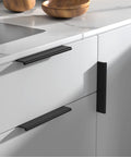 20 Pack Black Cabinet Pulls Five Inch Edge Finger Pulls Aluminum Alloy Hardware installed on white kitchen cabinets