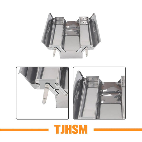 Tough As Nails Two Tier Stainless Steel Toolbox With Three Folding Trays And Rugged Carry Handle 18 Inch open view showing organization features.