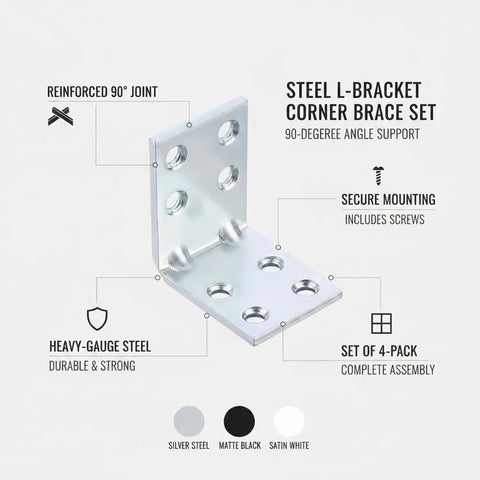 Steel L Bracket Set For Tackling Wobbly Furniture with 90 Degree Corner Braces for Shelves and Cabinets, includes screws, four pack